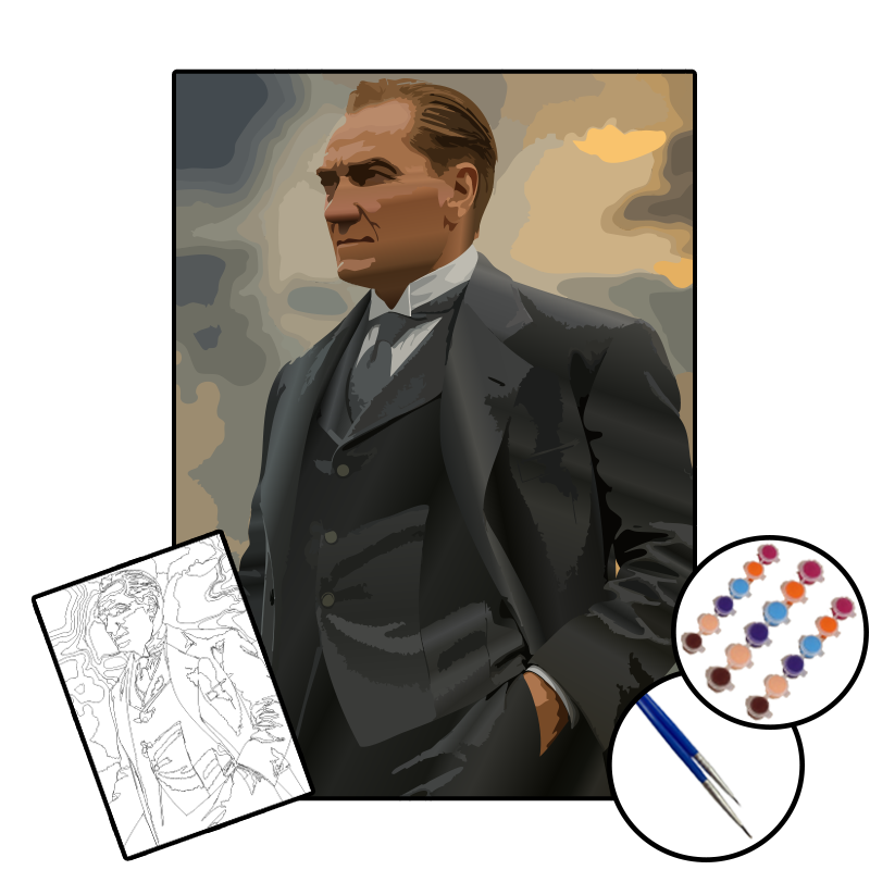 ATATÜRK 2 / 10 Kasım Özel Seri - 25x35 Sayılarla Boyama Çerçeveli Tuval Seti - 2'Li Fırça, Boya ve Harita Dahildir. (Kendin Yap)